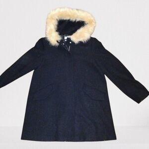 New Condition   MNG (Mango) Wool Blend Coat Faux Fur Trim  Hood Black Size Large